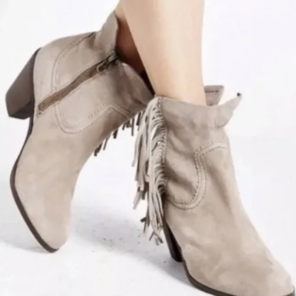 Sam Edelman Suede Ankle Boots 8.5 Louie Western Fringe Tan Beige